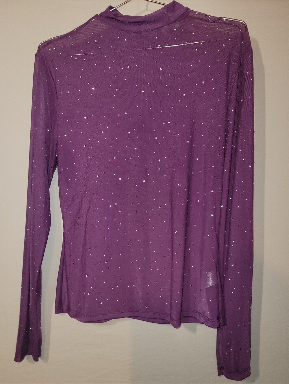 Sheer Purple Long-Sleeve Rhinestone Mock Neck Top, L